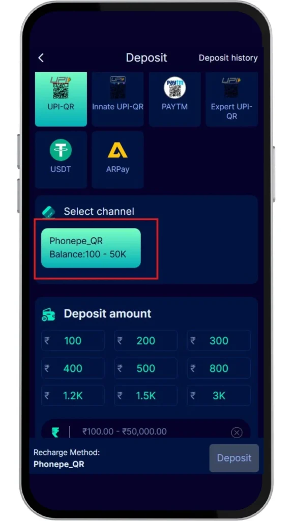 select channel for deposit